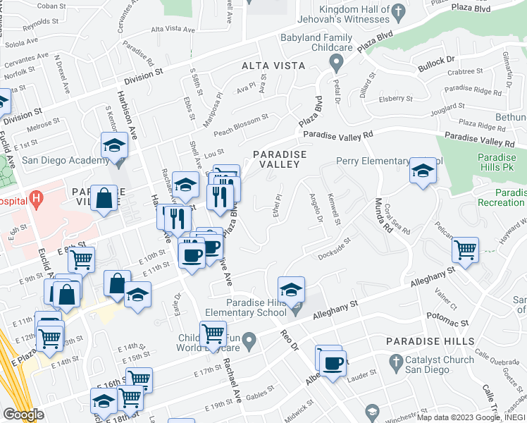 map of restaurants, bars, coffee shops, grocery stores, and more near 1135 Mary Lane in National City