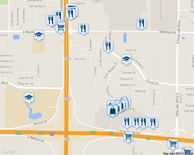 map of restaurants, bars, coffee shops, grocery stores, and more near 3468 Daisy Ln in Grand Prairie