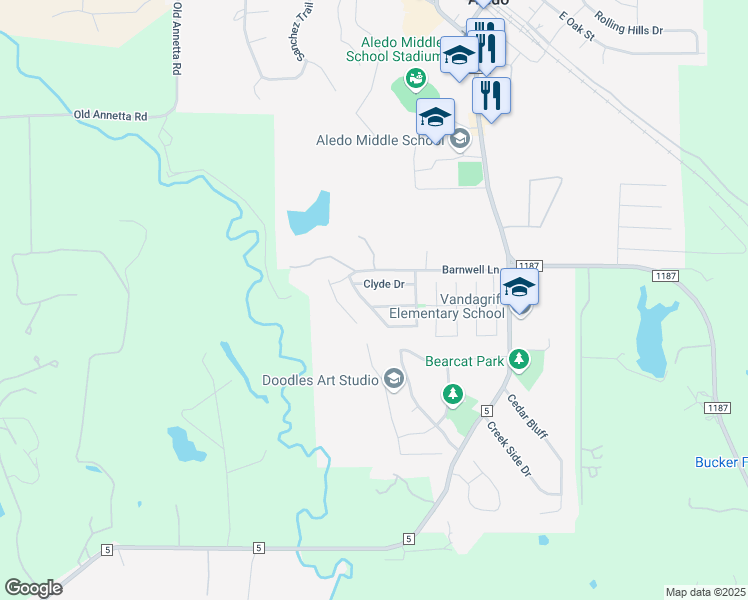 map of restaurants, bars, coffee shops, grocery stores, and more near 203 Wayne Drive in Aledo