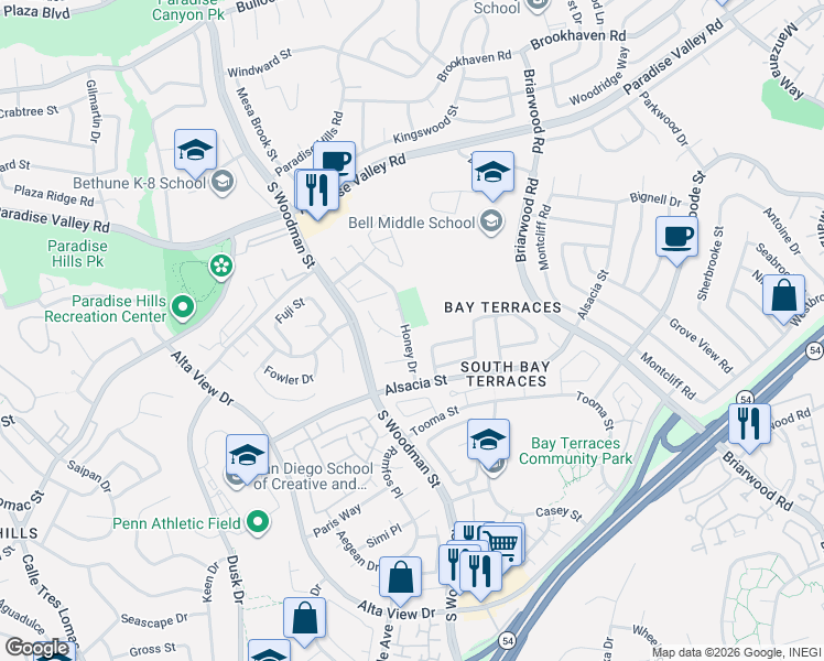 map of restaurants, bars, coffee shops, grocery stores, and more near 2211 Honey Drive in San Diego