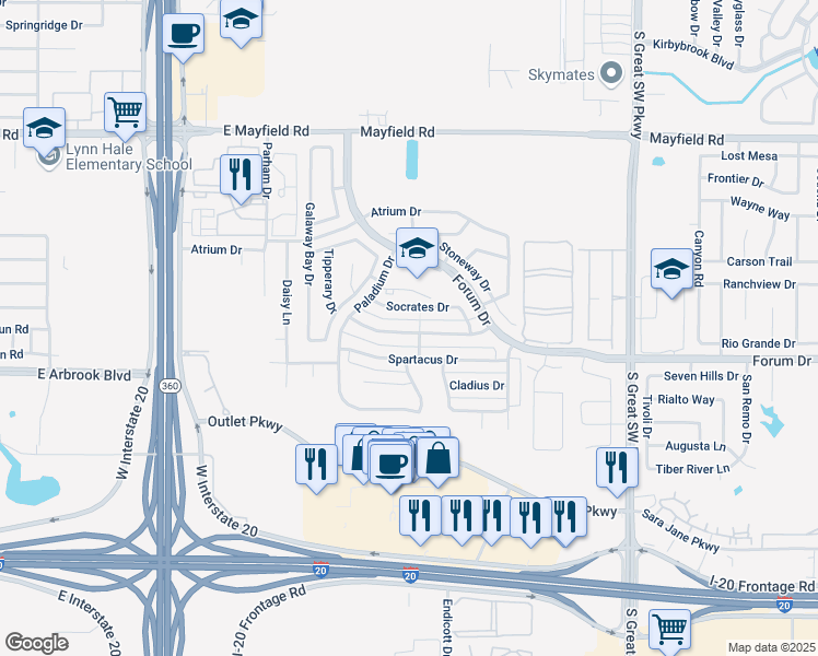 map of restaurants, bars, coffee shops, grocery stores, and more near 2908 Olympia Drive in Grand Prairie