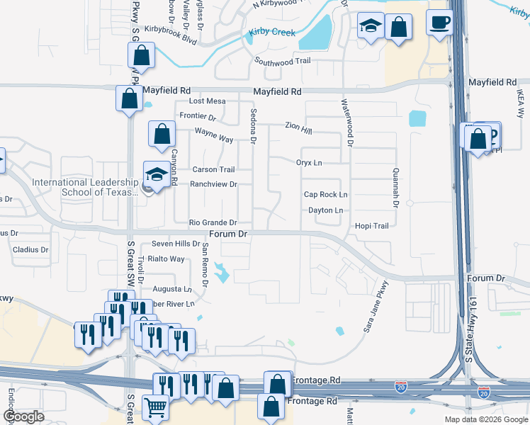 map of restaurants, bars, coffee shops, grocery stores, and more near 3542 Sedona Drive in Grand Prairie