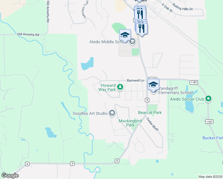 map of restaurants, bars, coffee shops, grocery stores, and more near 209 Wayne Dr in Aledo