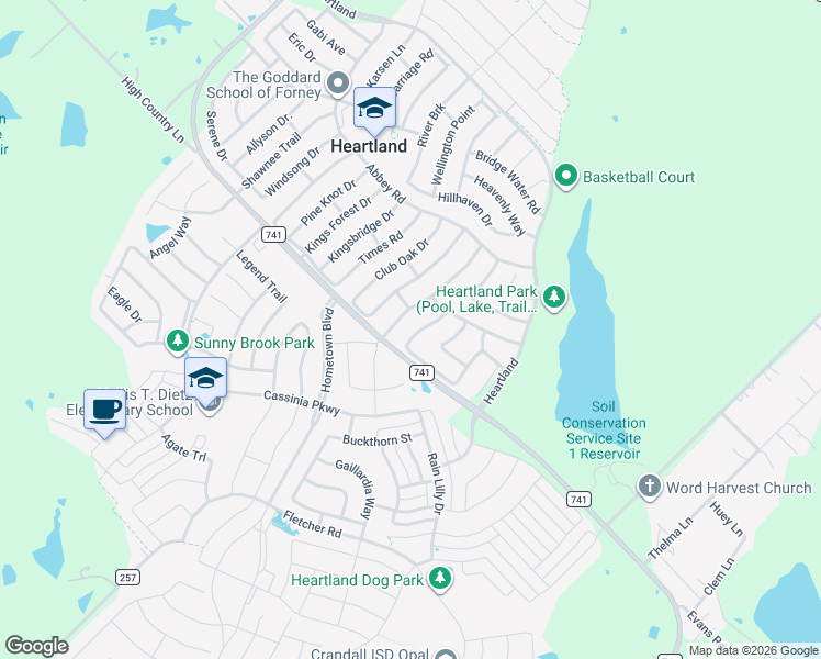 map of restaurants, bars, coffee shops, grocery stores, and more near 2009 Woodhurst Trail in Heartland