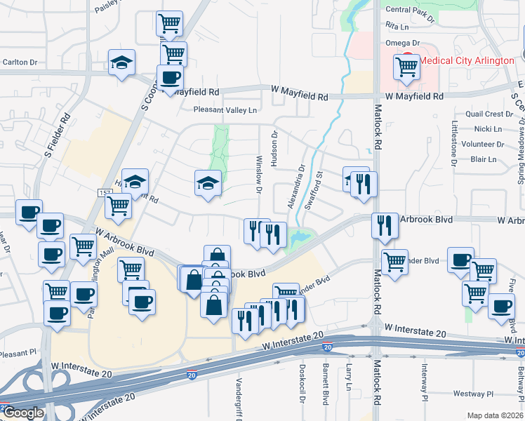 map of restaurants, bars, coffee shops, grocery stores, and more near 3623 Winslow Drive in Arlington