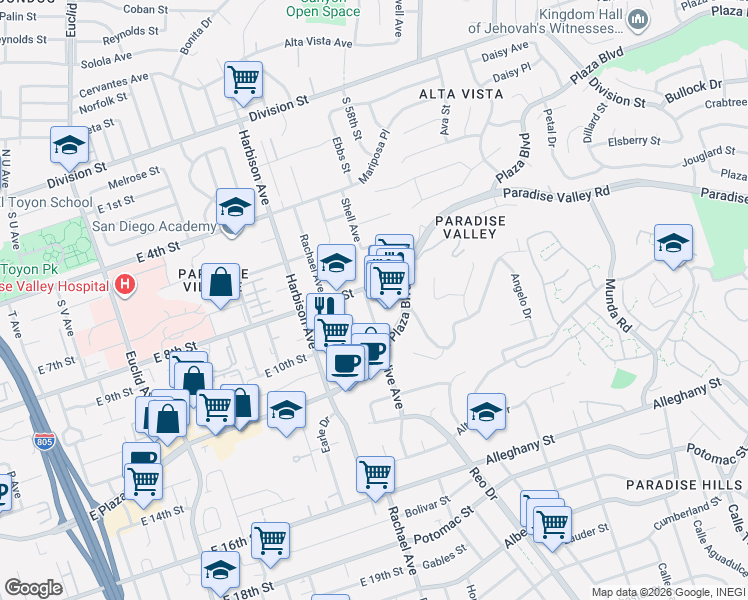 map of restaurants, bars, coffee shops, grocery stores, and more near 827 Olive Avenue in National City
