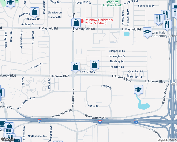 map of restaurants, bars, coffee shops, grocery stores, and more near 1934 Knoll Crest Drive in Arlington