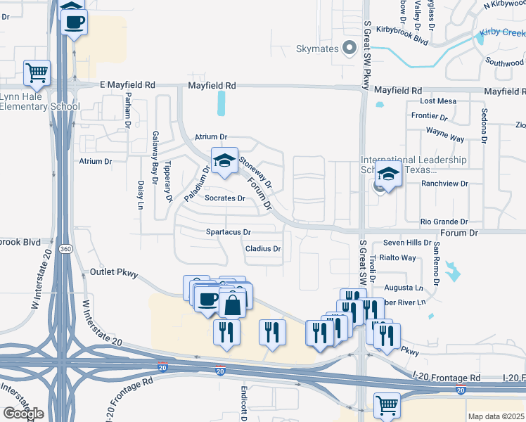 map of restaurants, bars, coffee shops, grocery stores, and more near 3420 Socrates Drive in Grand Prairie
