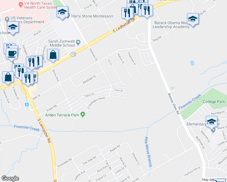 map of restaurants, bars, coffee shops, grocery stores, and more near 2510 Talco Drive in Dallas