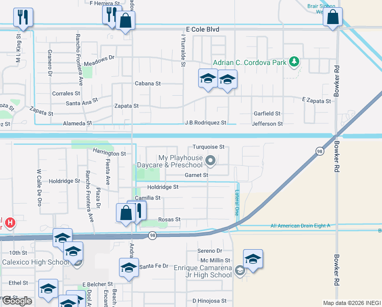 map of restaurants, bars, coffee shops, grocery stores, and more near 1276 Amethyst Way in Calexico