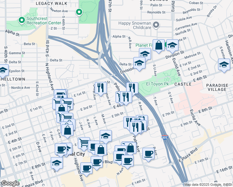 map of restaurants, bars, coffee shops, grocery stores, and more near 212 Palm Avenue in National City
