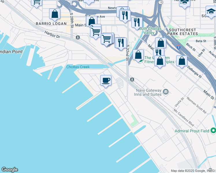 map of restaurants, bars, coffee shops, grocery stores, and more near Senn Street in San Diego