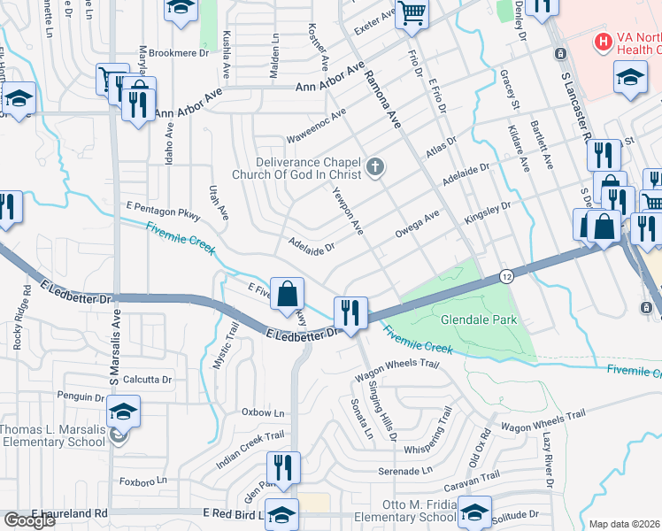 map of restaurants, bars, coffee shops, grocery stores, and more near 1325 Owega Avenue in Dallas