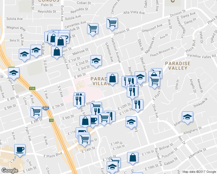 map of restaurants, bars, coffee shops, grocery stores, and more near 635 Arcadia Place in National City