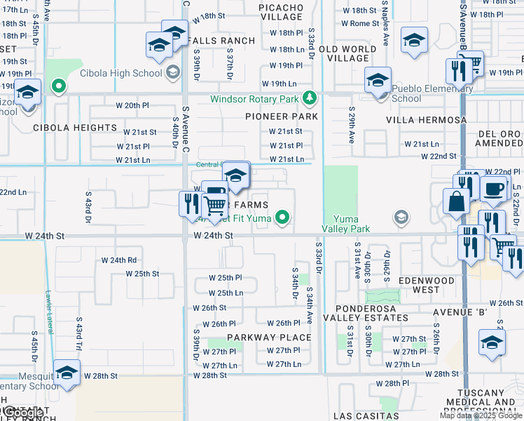map of restaurants, bars, coffee shops, grocery stores, and more near 2351 South 37th Avenue in Yuma