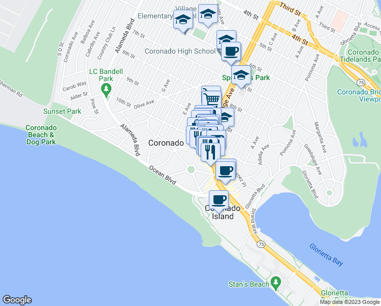 map of restaurants, bars, coffee shops, grocery stores, and more near 1017 Isabella Avenue in Coronado