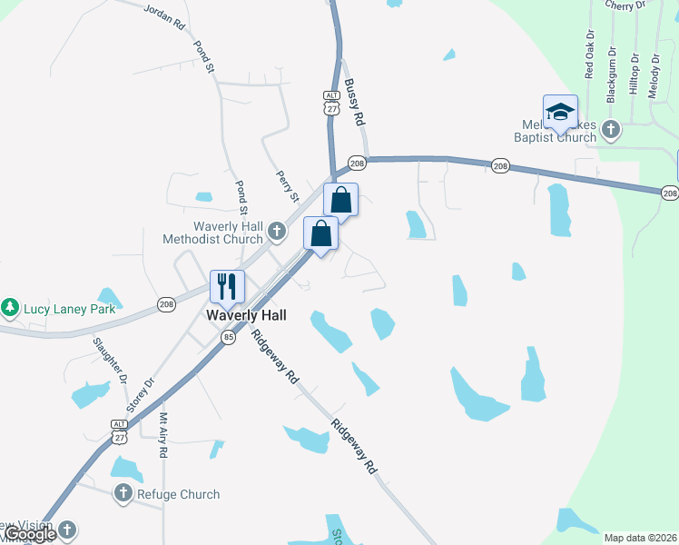 map of restaurants, bars, coffee shops, grocery stores, and more near 277 Waverly Circle in Waverly Hall