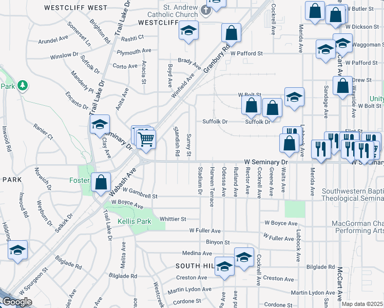 map of restaurants, bars, coffee shops, grocery stores, and more near 4249 Surrey Street in Fort Worth
