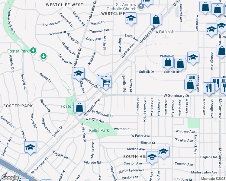 map of restaurants, bars, coffee shops, grocery stores, and more near 4261 Cherokee Trail in Fort Worth