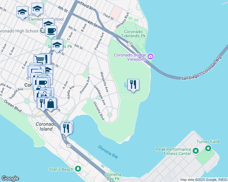 map of restaurants, bars, coffee shops, grocery stores, and more near 734 Glorietta Boulevard in Coronado