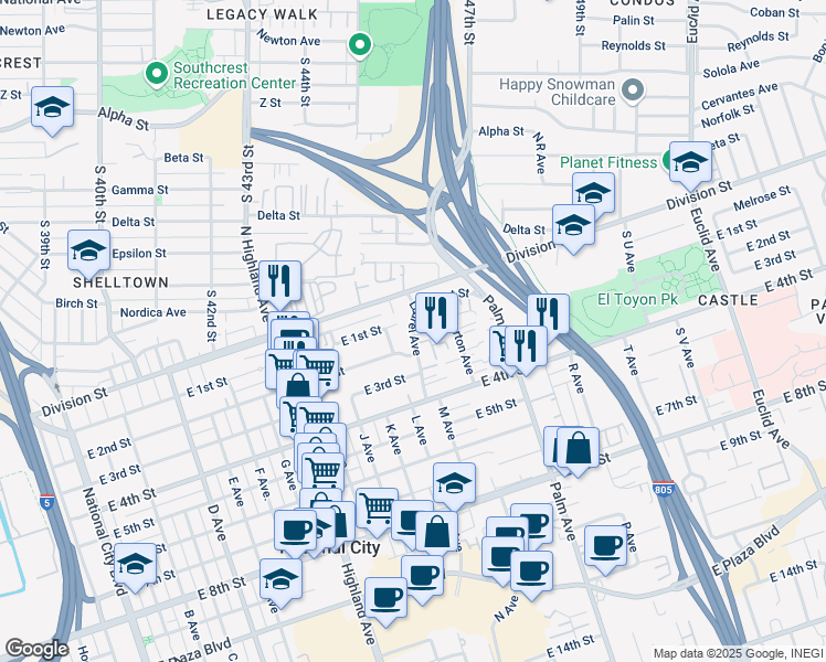 map of restaurants, bars, coffee shops, grocery stores, and more near 114 Laurel Avenue in National City