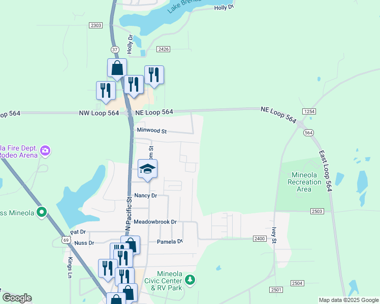 map of restaurants, bars, coffee shops, grocery stores, and more near 135 Shady Lane in Mineola