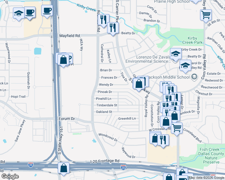 map of restaurants, bars, coffee shops, grocery stores, and more near 802 Pinoak Drive in Grand Prairie