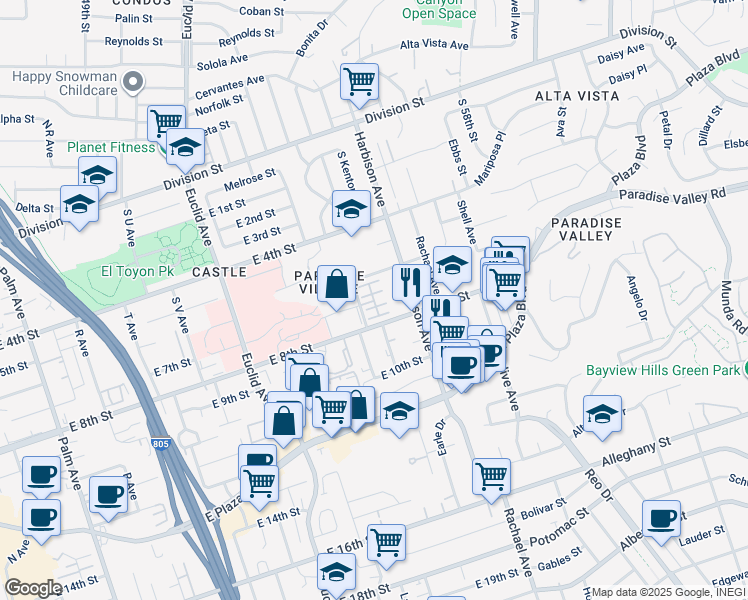 map of restaurants, bars, coffee shops, grocery stores, and more near 723 Paradise Way in National City