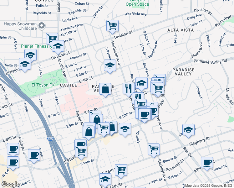 map of restaurants, bars, coffee shops, grocery stores, and more near 751 Paradise Way in National City