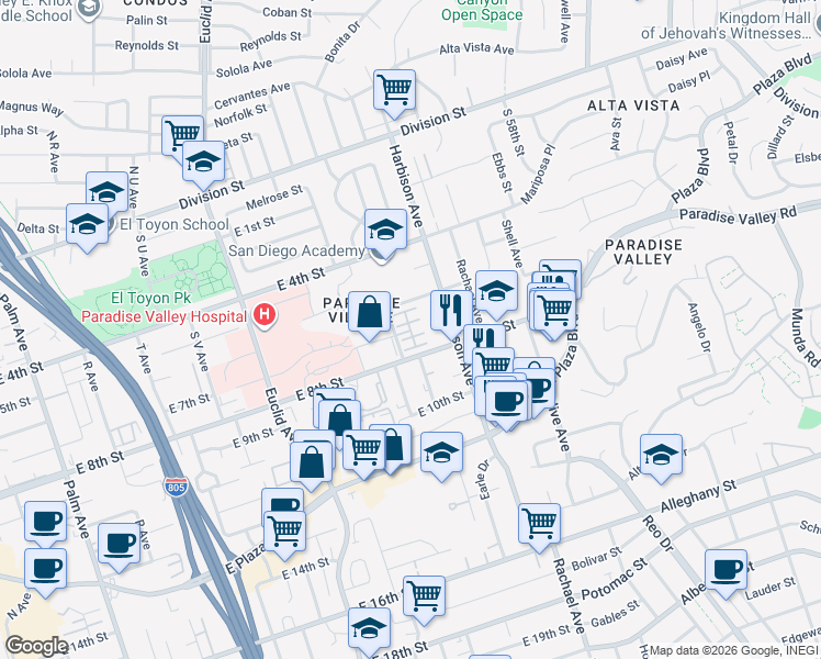 map of restaurants, bars, coffee shops, grocery stores, and more near 723 Paradise Way in National City