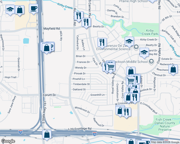 map of restaurants, bars, coffee shops, grocery stores, and more near 802 Pinoak Drive in Grand Prairie