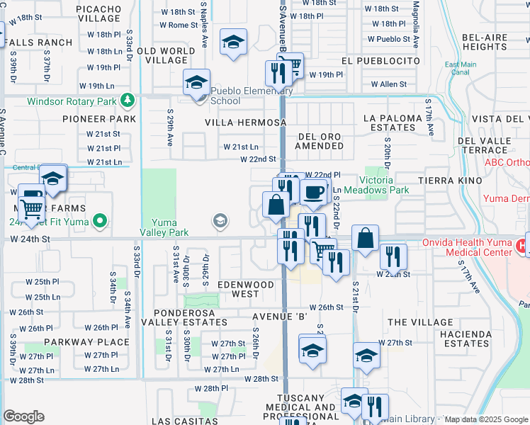map of restaurants, bars, coffee shops, grocery stores, and more near 2350 South Avenue B in Yuma