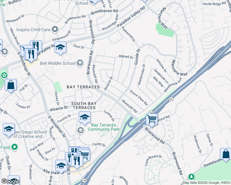 map of restaurants, bars, coffee shops, grocery stores, and more near 2344 Spring Oak Way in San Diego