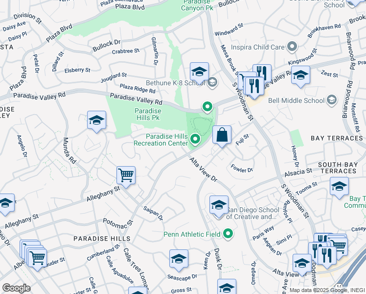 map of restaurants, bars, coffee shops, grocery stores, and more near 1887 Alta View Drive in San Diego