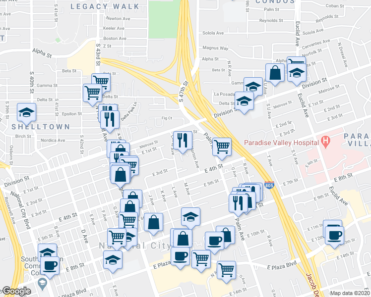 map of restaurants, bars, coffee shops, grocery stores, and more near 204 Norton Avenue in National City