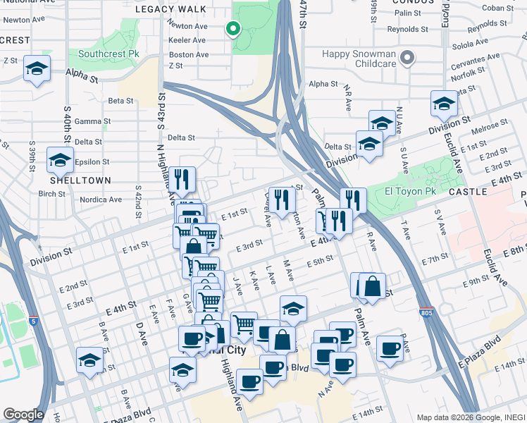 map of restaurants, bars, coffee shops, grocery stores, and more near 114 Laurel Avenue in National City