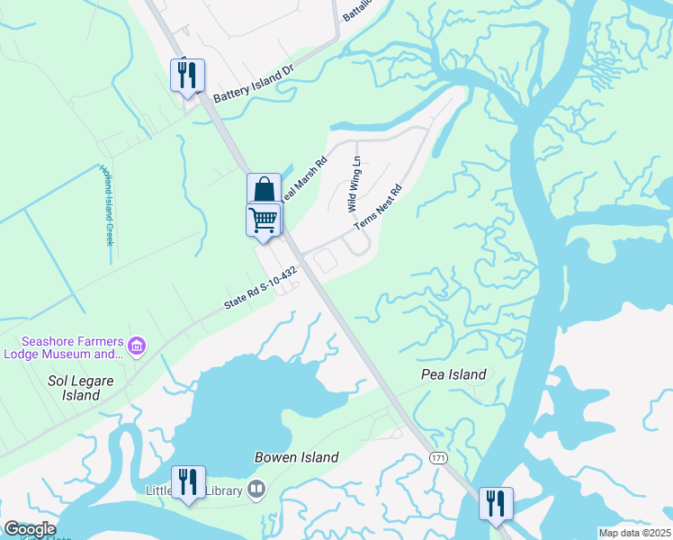 map of restaurants, bars, coffee shops, grocery stores, and more near 120 Howard Mary Drive in Charleston