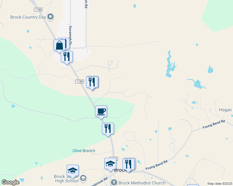 map of restaurants, bars, coffee shops, grocery stores, and more near 1171 Farm to Market Road 1189 in Brock