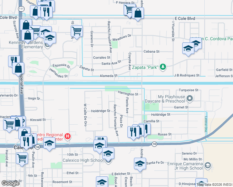 map of restaurants, bars, coffee shops, grocery stores, and more near 1273 Rancho Frontera Avenue in Calexico