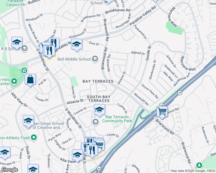 map of restaurants, bars, coffee shops, grocery stores, and more near 7280 Alsacia Street in San Diego