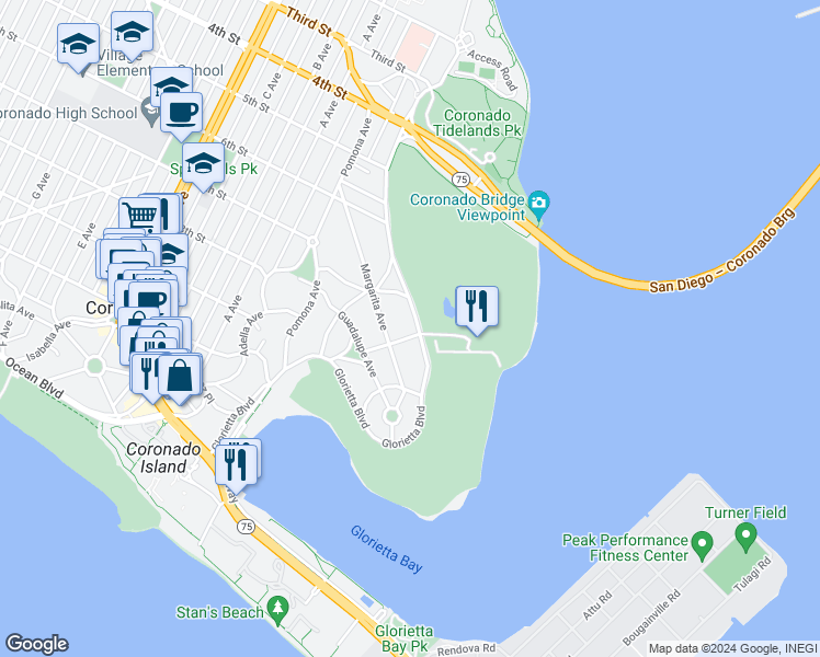 map of restaurants, bars, coffee shops, grocery stores, and more near 734 Glorietta Boulevard in Coronado
