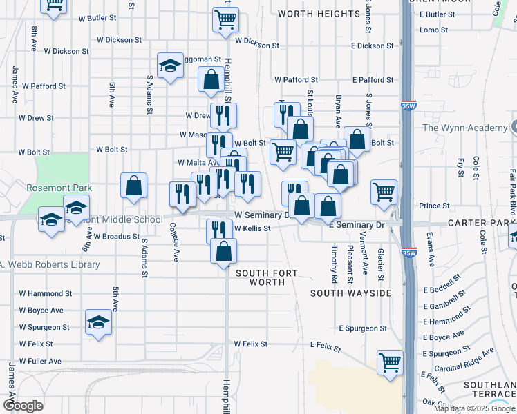 map of restaurants, bars, coffee shops, grocery stores, and more near in Fort Worth