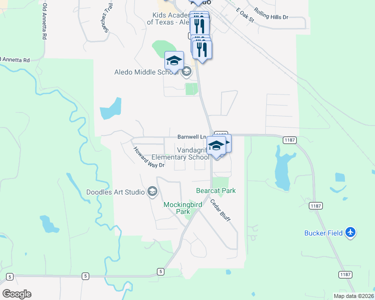 map of restaurants, bars, coffee shops, grocery stores, and more near 400 Taos Court East in Aledo