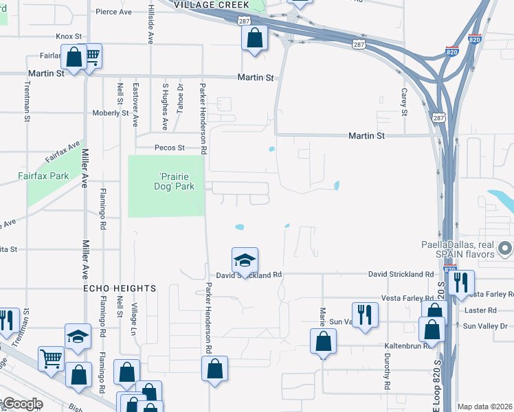 map of restaurants, bars, coffee shops, grocery stores, and more near 5107 Panda Court in Fort Worth