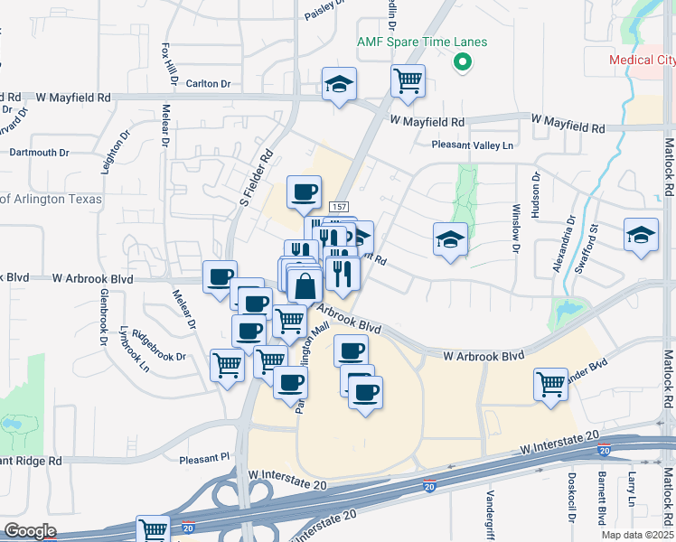 map of restaurants, bars, coffee shops, grocery stores, and more near 3701 South Cooper Street in Arlington