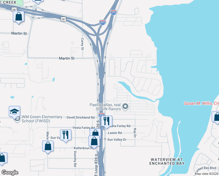 map of restaurants, bars, coffee shops, grocery stores, and more near 5125 East Loop 820 South in Fort Worth