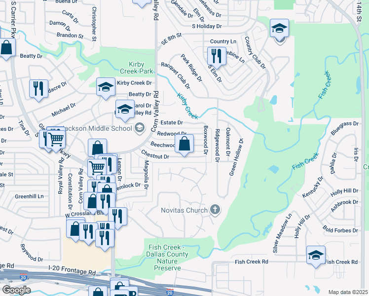 map of restaurants, bars, coffee shops, grocery stores, and more near 613 Beechwood Drive in Grand Prairie