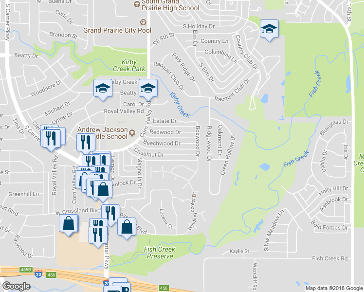 map of restaurants, bars, coffee shops, grocery stores, and more near 621 Beechwood Drive in Grand Prairie