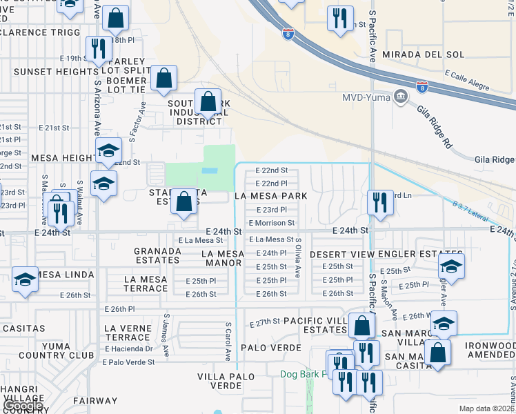 map of restaurants, bars, coffee shops, grocery stores, and more near 1315 East 23rd Place in Yuma