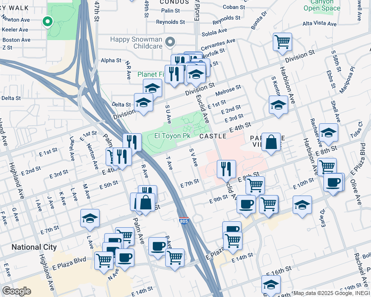 map of restaurants, bars, coffee shops, grocery stores, and more near 424 South V Avenue in National City